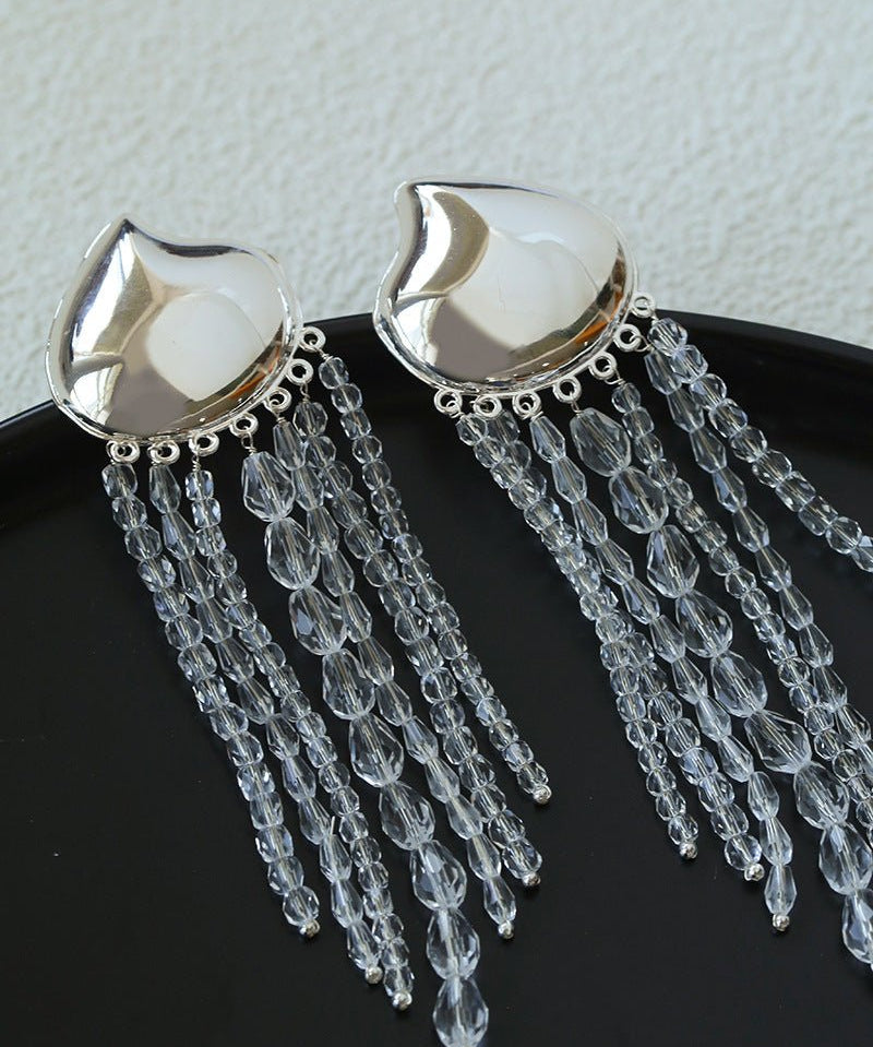 Asymmetric Polished Silver Leaf Long Tassel Earrings - floysun