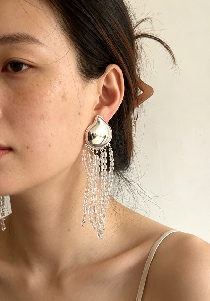 Asymmetric Polished Silver Leaf Long Tassel Earrings - floysun