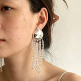 Asymmetric Polished Silver Leaf Long Tassel Earrings - floysun