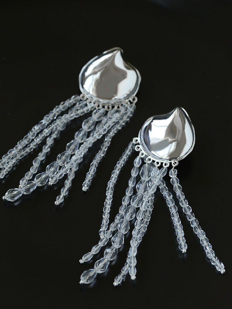 Asymmetric Polished Silver Leaf Long Tassel Earrings - floysun