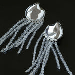 Asymmetric Polished Silver Leaf Long Tassel Earrings - floysun
