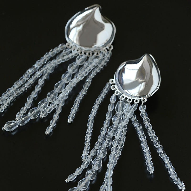 Asymmetric Polished Silver Leaf Long Tassel Earrings - floysun