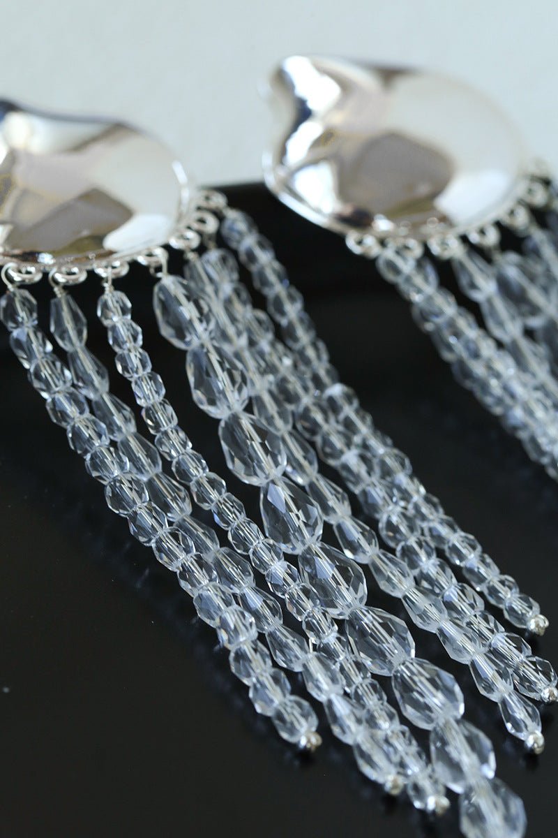Asymmetric Polished Silver Leaf Long Tassel Earrings - floysun