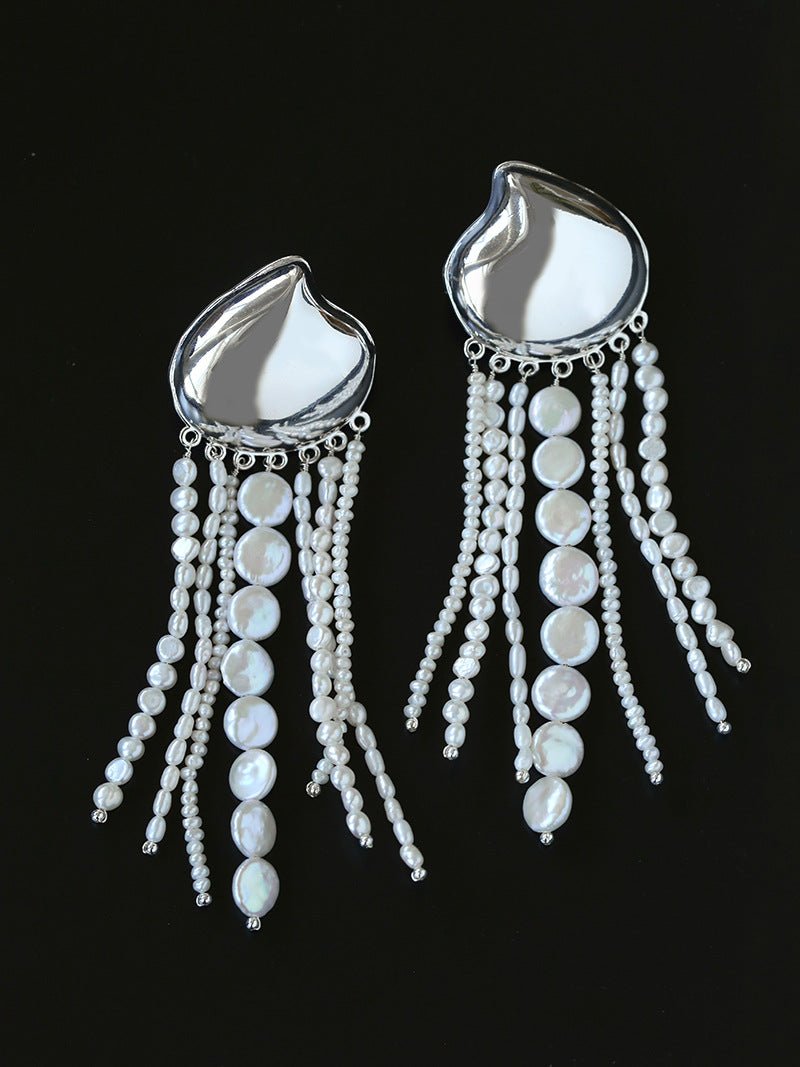Asymmetric Polished Silver Leaf Long Tassel Earrings - floysun