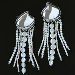 Asymmetric Polished Silver Leaf Long Tassel Earrings - floysun