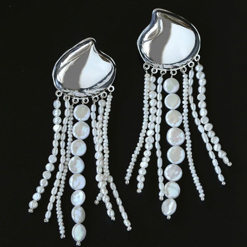 Asymmetric Polished Silver Leaf Long Tassel Earrings - floysun