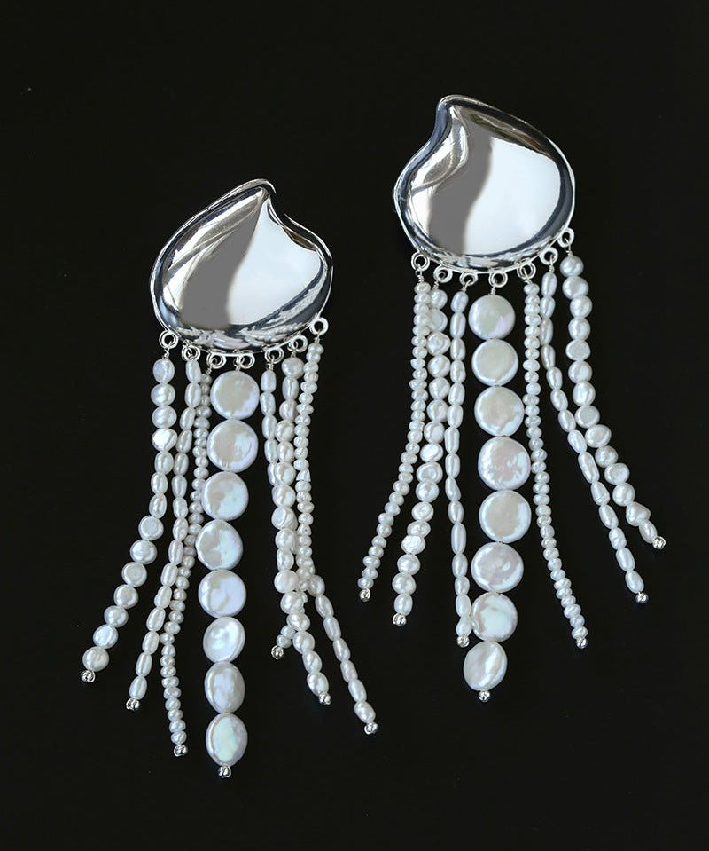 Asymmetric Polished Silver Leaf Long Tassel Earrings - floysun