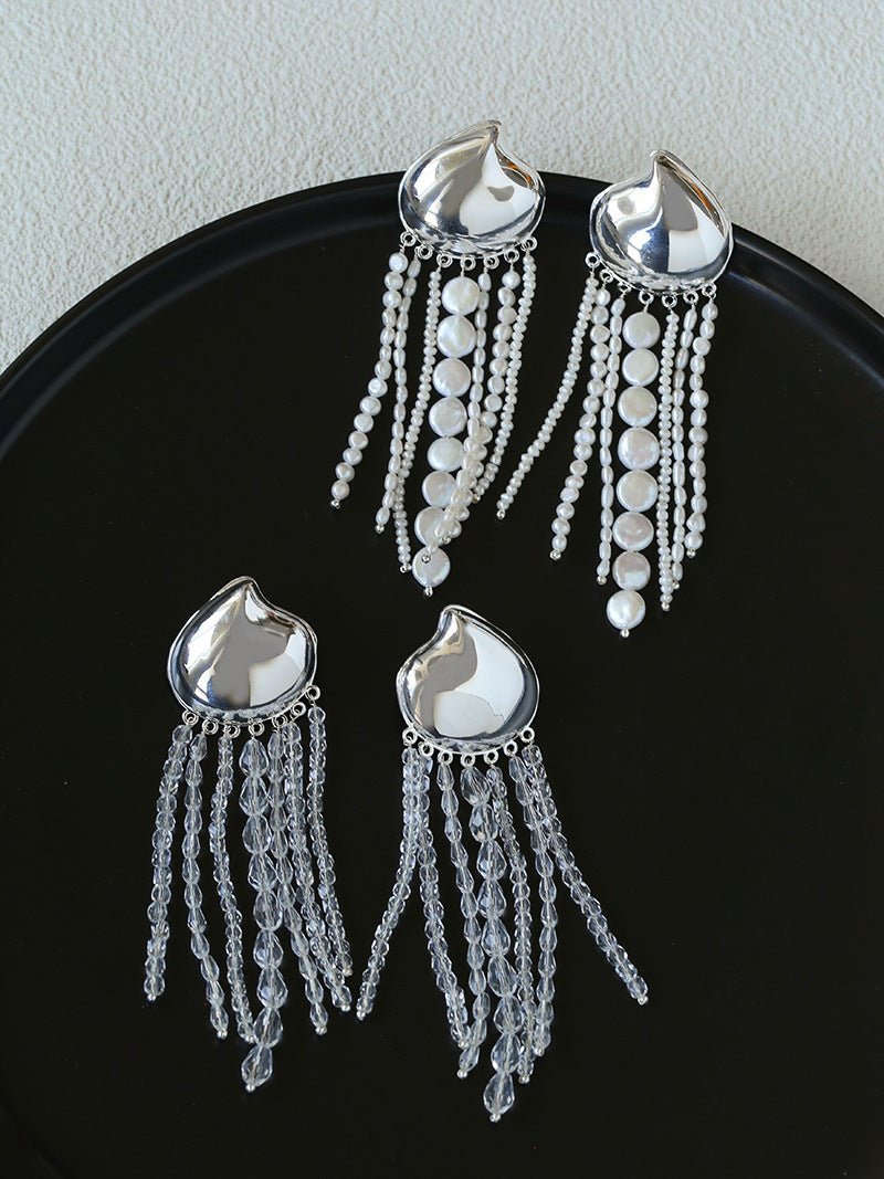 Asymmetric Polished Silver Leaf Long Tassel Earrings - floysun