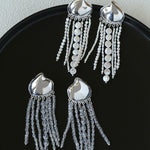 Asymmetric Polished Silver Leaf Long Tassel Earrings - floysun
