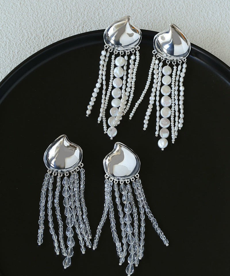Asymmetric Polished Silver Leaf Long Tassel Earrings - floysun
