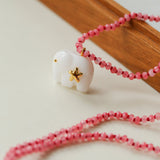 Auspicious Elephant Collection White Jade Carved Elephant Pendant Beaded Necklace - floysun