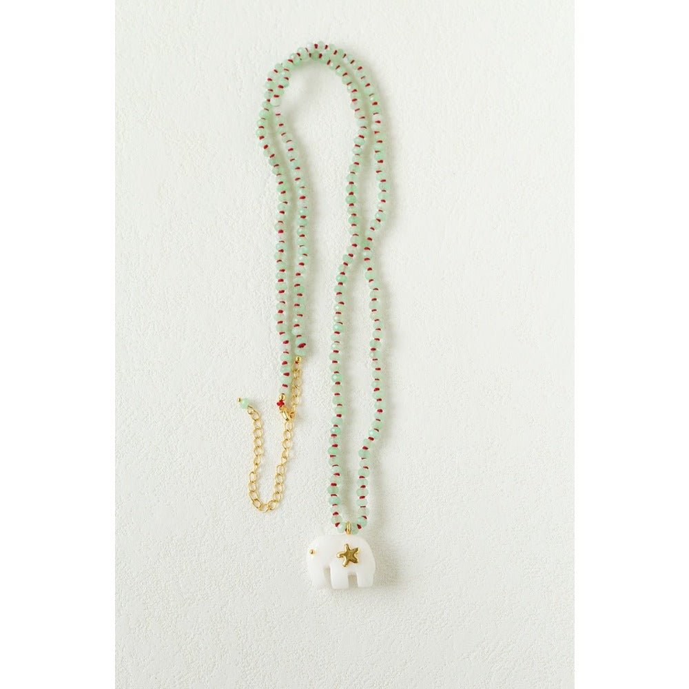 Auspicious Elephant Collection White Jade Carved Elephant Pendant Beaded Necklace - floysun