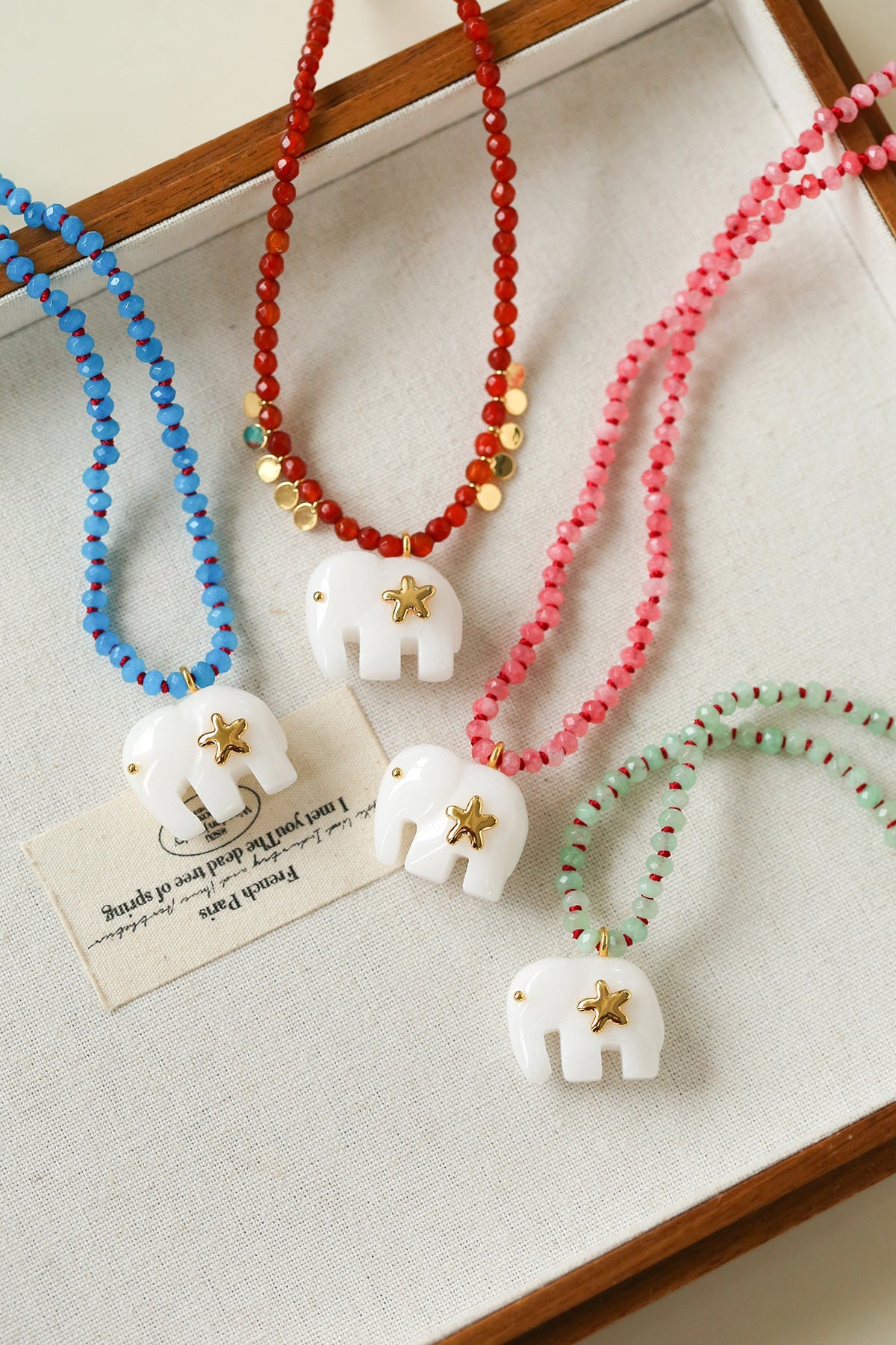 Auspicious Elephant Collection White Jade Carved Elephant Pendant Beaded Necklace - floysun