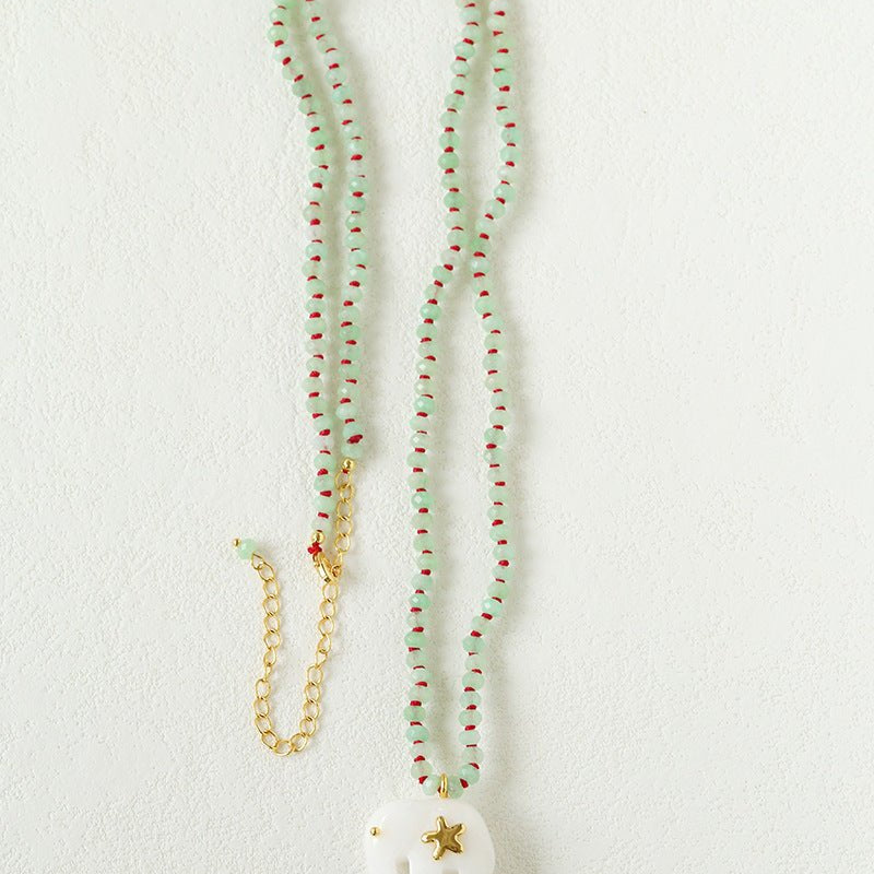 Auspicious Elephant Collection White Jade Carved Elephant Pendant Beaded Necklace - floysun
