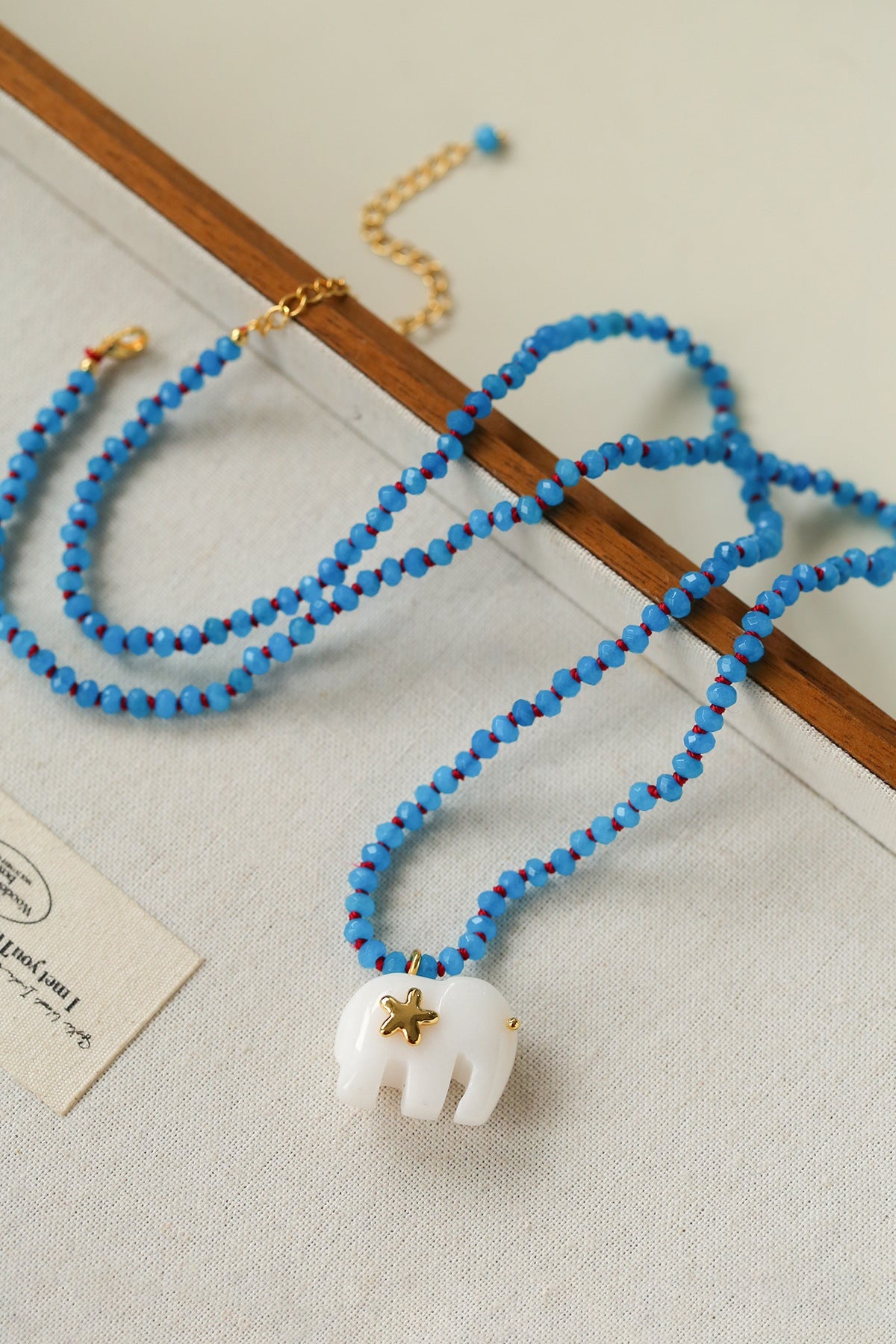 Auspicious Elephant Collection White Jade Carved Elephant Pendant Beaded Necklace - floysun