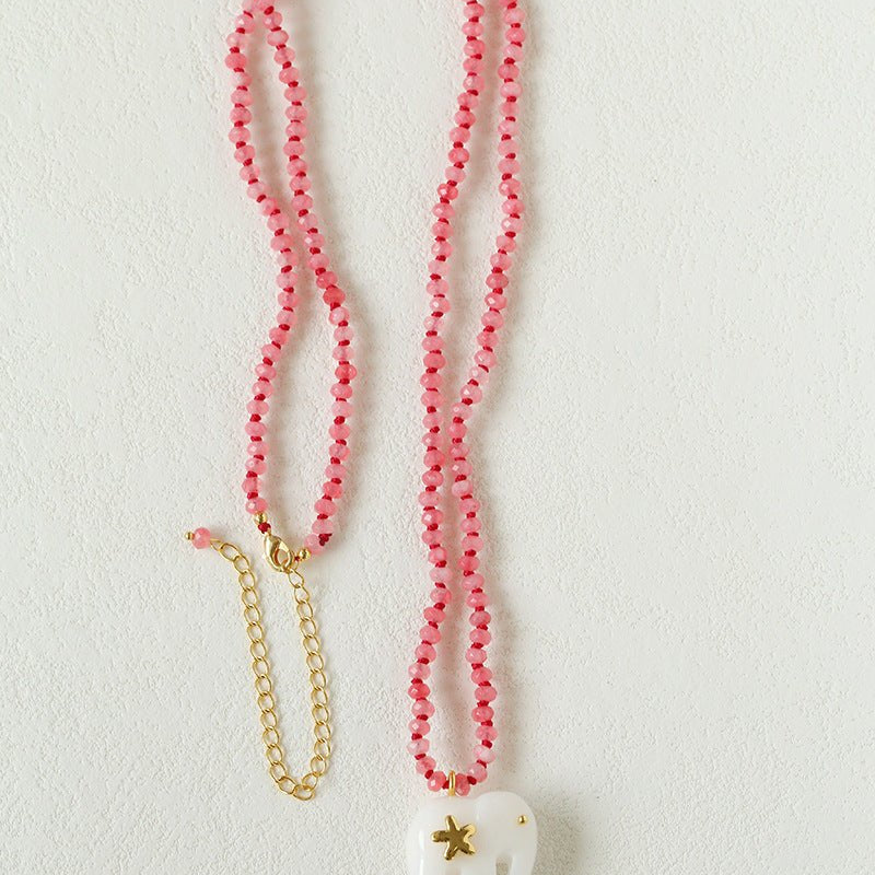 Auspicious Elephant Collection White Jade Carved Elephant Pendant Beaded Necklace - floysun