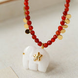 Auspicious Elephant Collection White Jade Carved Elephant Pendant Beaded Necklace - floysun
