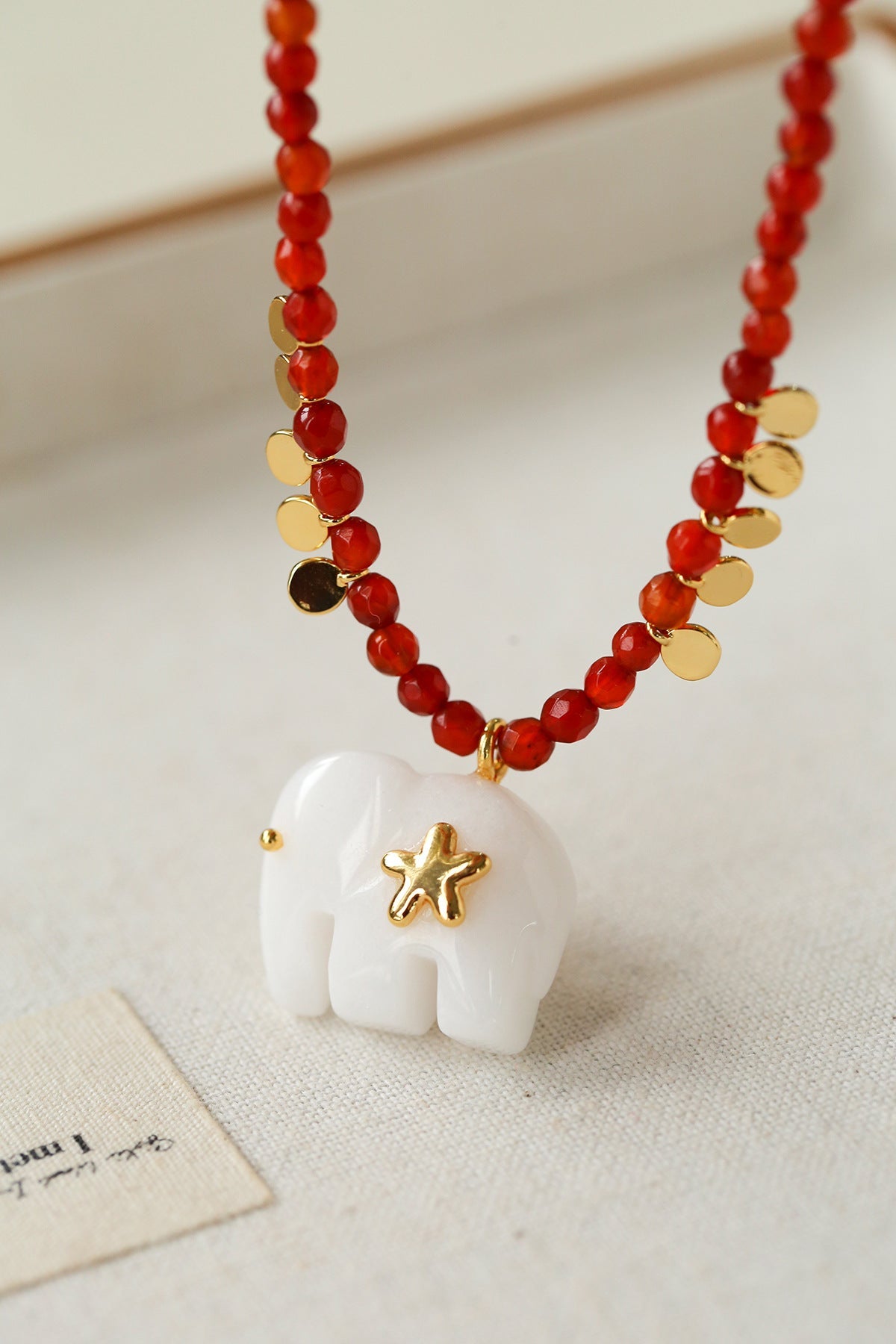 Auspicious Elephant Collection White Jade Carved Elephant Pendant Beaded Necklace - floysun