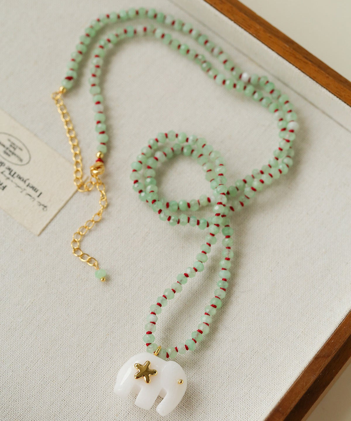 Auspicious Elephant Collection White Jade Carved Elephant Pendant Beaded Necklace - floysun