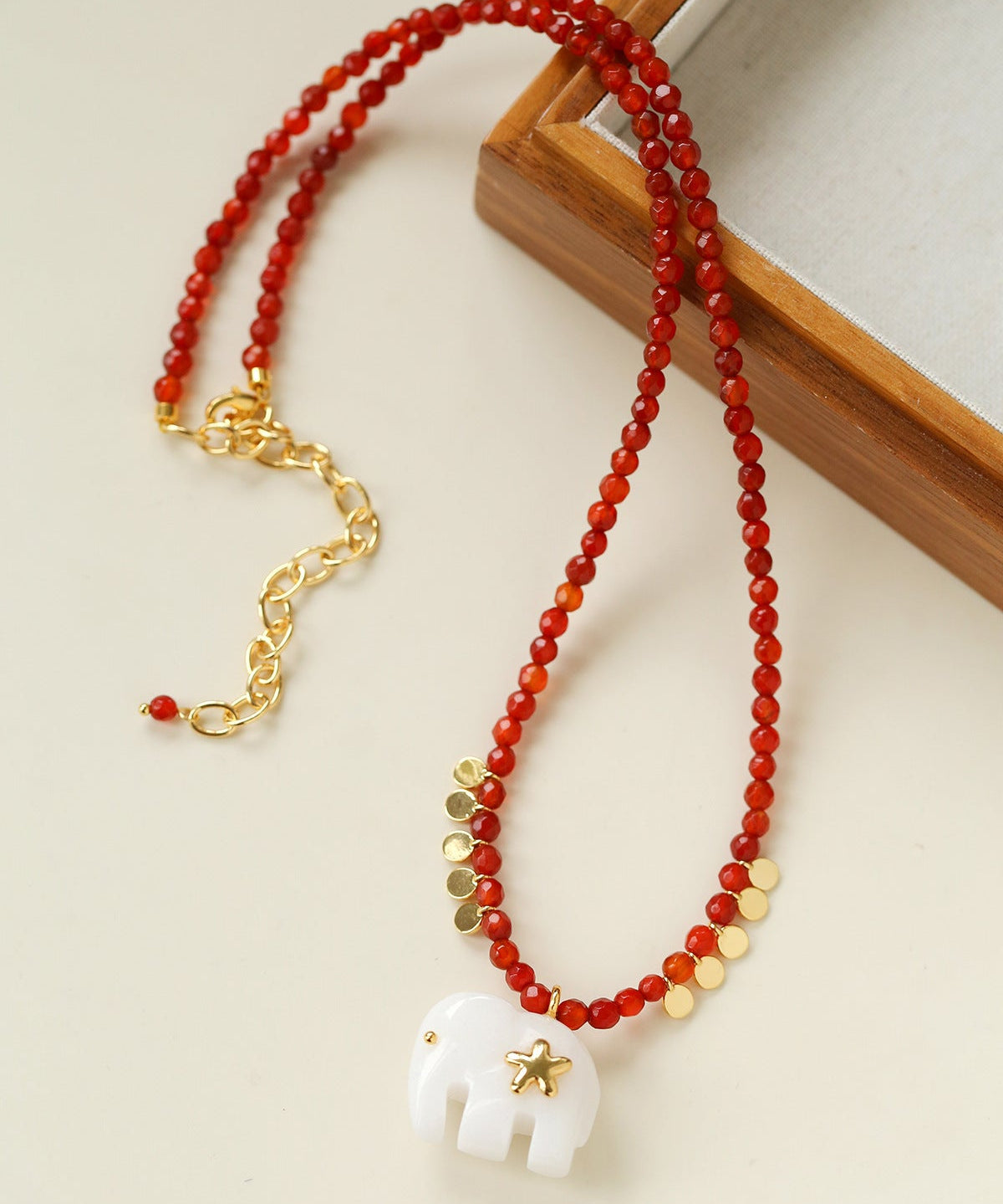 Auspicious Elephant Collection White Jade Carved Elephant Pendant Beaded Necklace - floysun