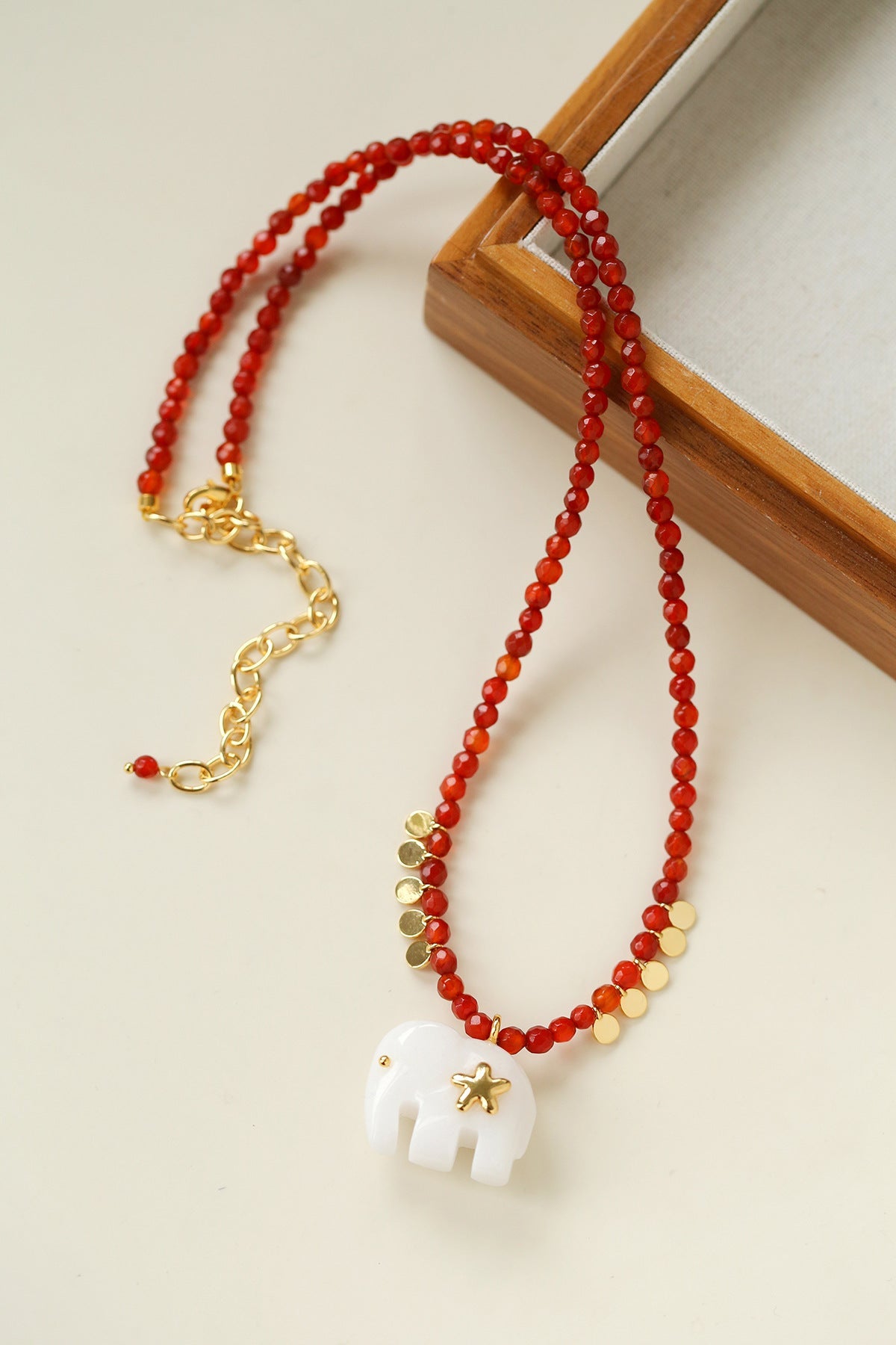 Auspicious Elephant Collection White Jade Carved Elephant Pendant Beaded Necklace - floysun