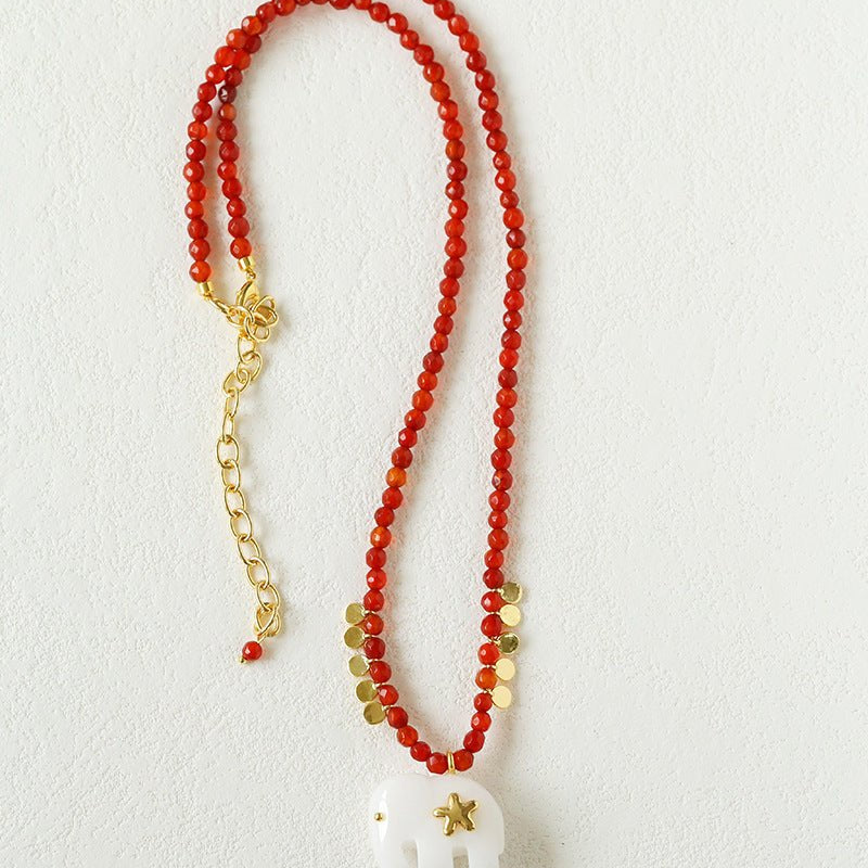 Auspicious Elephant Collection White Jade Carved Elephant Pendant Beaded Necklace - floysun
