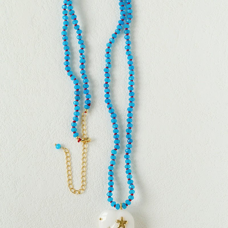 Auspicious Elephant Collection White Jade Carved Elephant Pendant Beaded Necklace - floysun