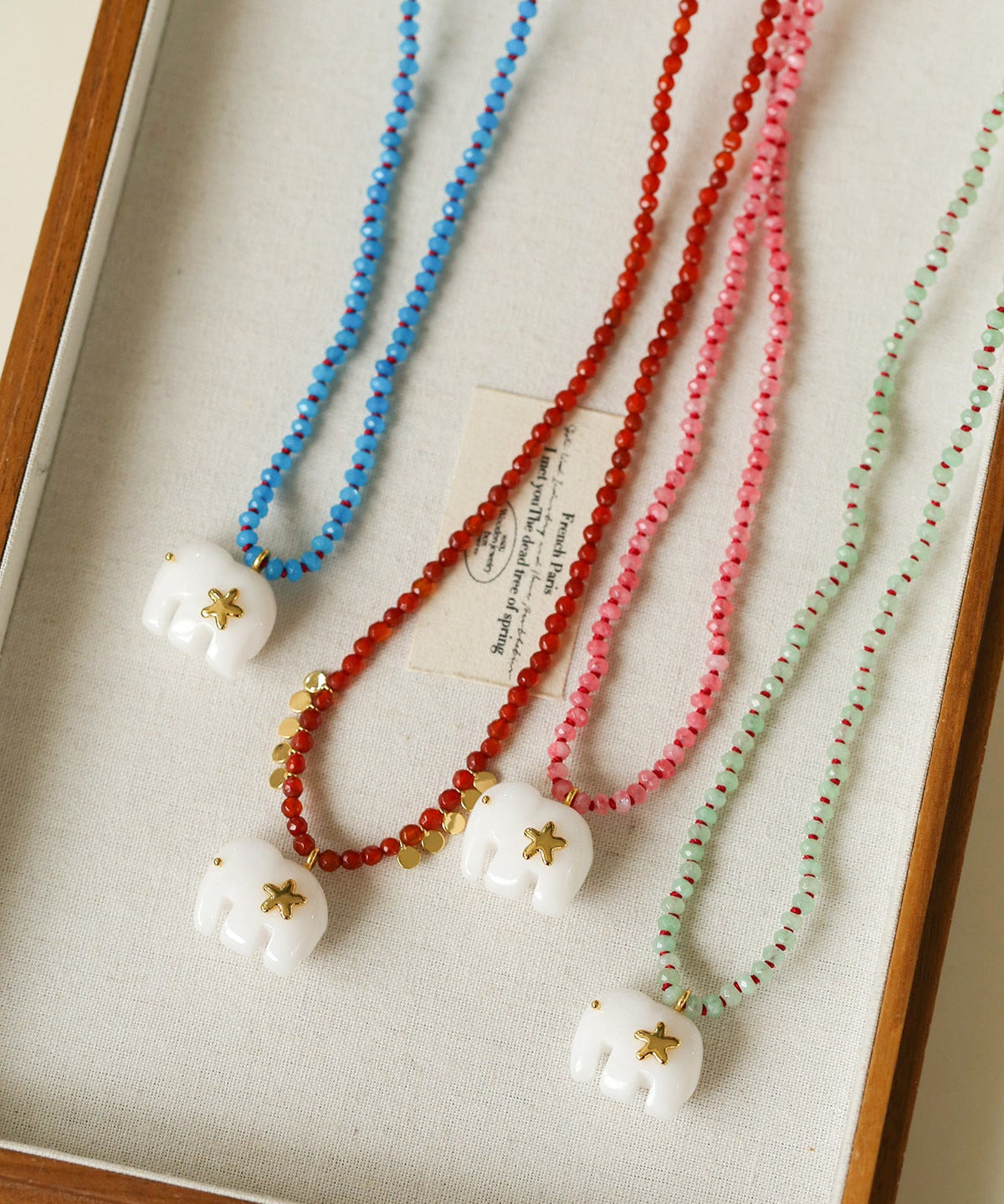 Auspicious Elephant Collection White Jade Carved Elephant Pendant Beaded Necklace - floysun