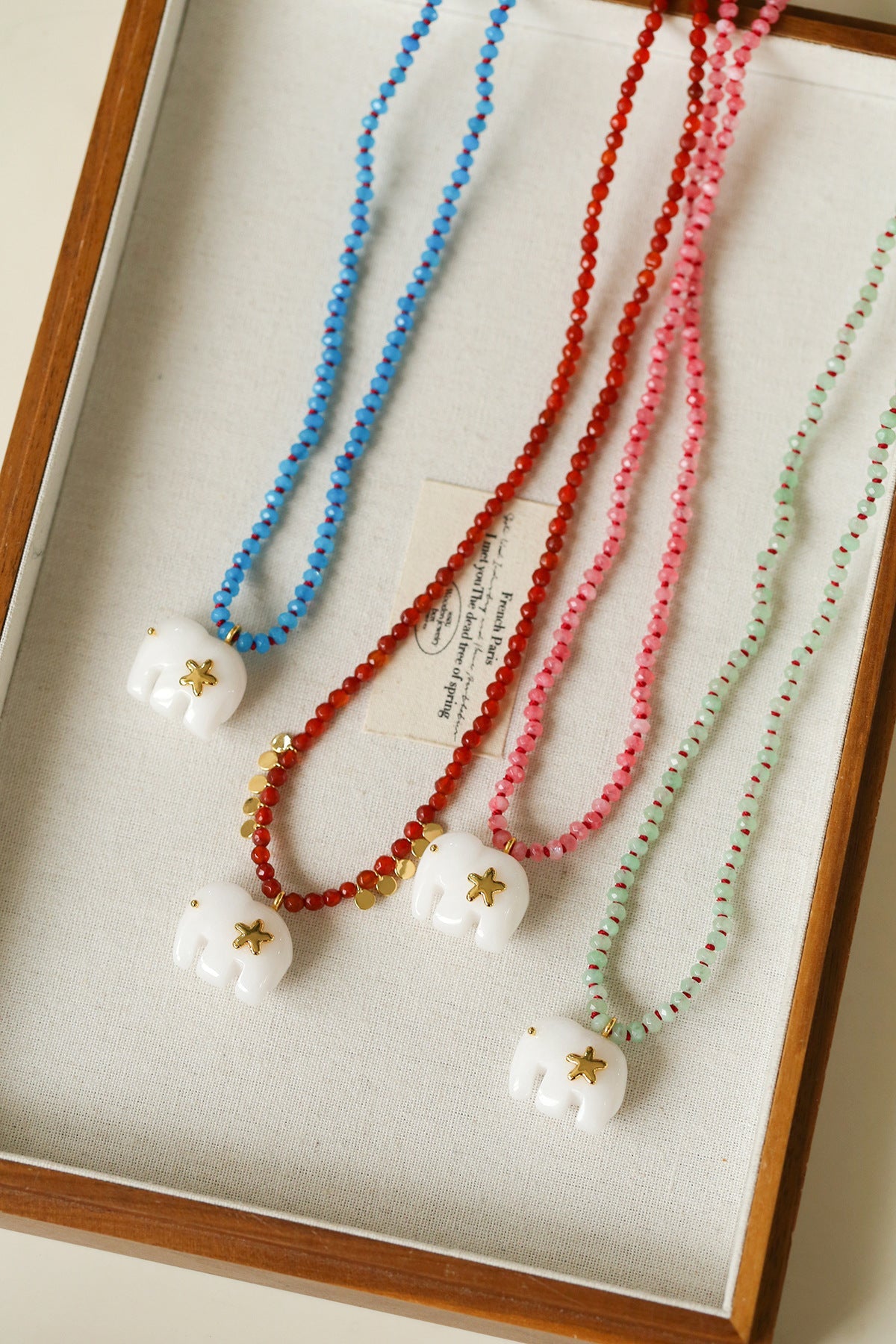 Auspicious Elephant Collection White Jade Carved Elephant Pendant Beaded Necklace - floysun