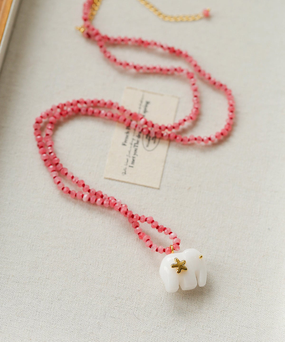 Auspicious Elephant Collection White Jade Carved Elephant Pendant Beaded Necklace - floysun