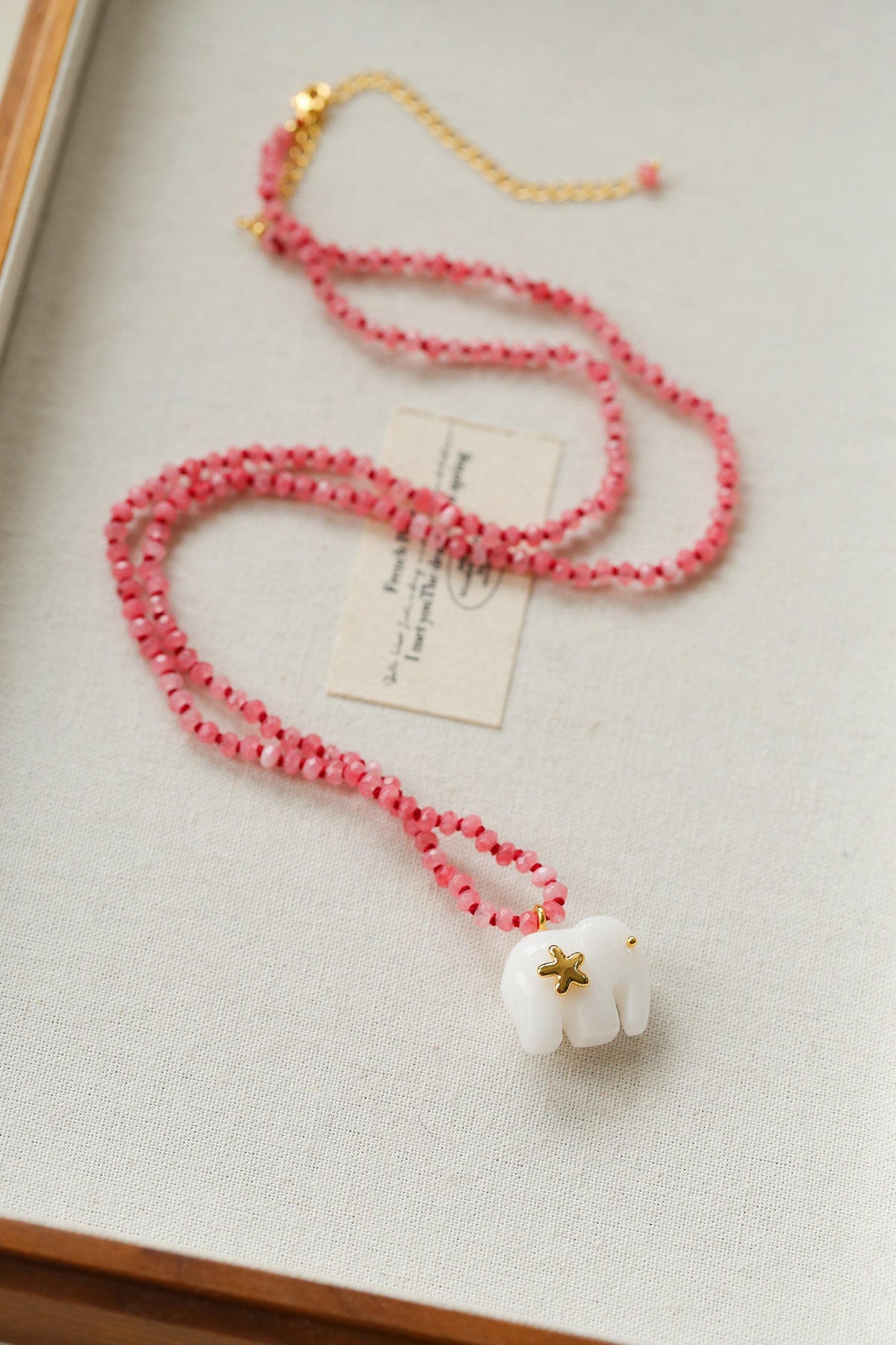 Auspicious Elephant Collection White Jade Carved Elephant Pendant Beaded Necklace - floysun