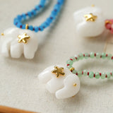 Auspicious Elephant Collection White Jade Carved Elephant Pendant Beaded Necklace - floysun