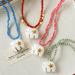 Auspicious Elephant Collection White Jade Carved Elephant Pendant Beaded Necklace - floysun