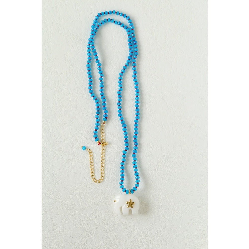 Auspicious Elephant Collection White Jade Carved Elephant Pendant Beaded Necklace - floysun