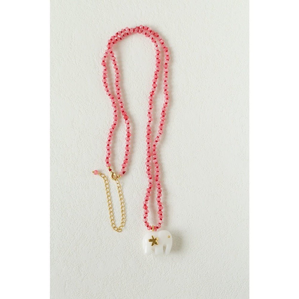 Auspicious Elephant Collection White Jade Carved Elephant Pendant Beaded Necklace - floysun
