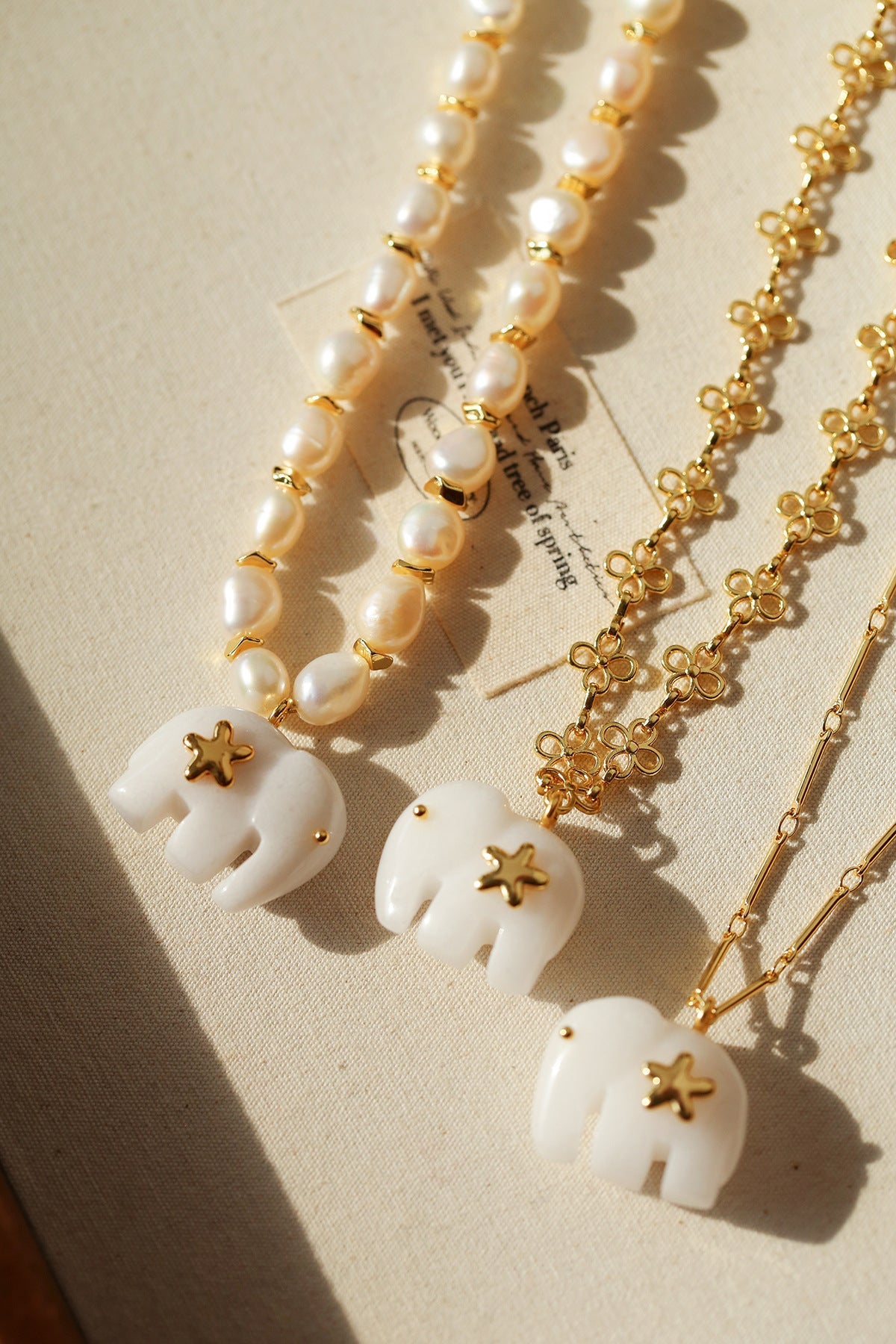 Auspicious Elephant Collection White Jade Elephant Necklace with Pearl - floysun