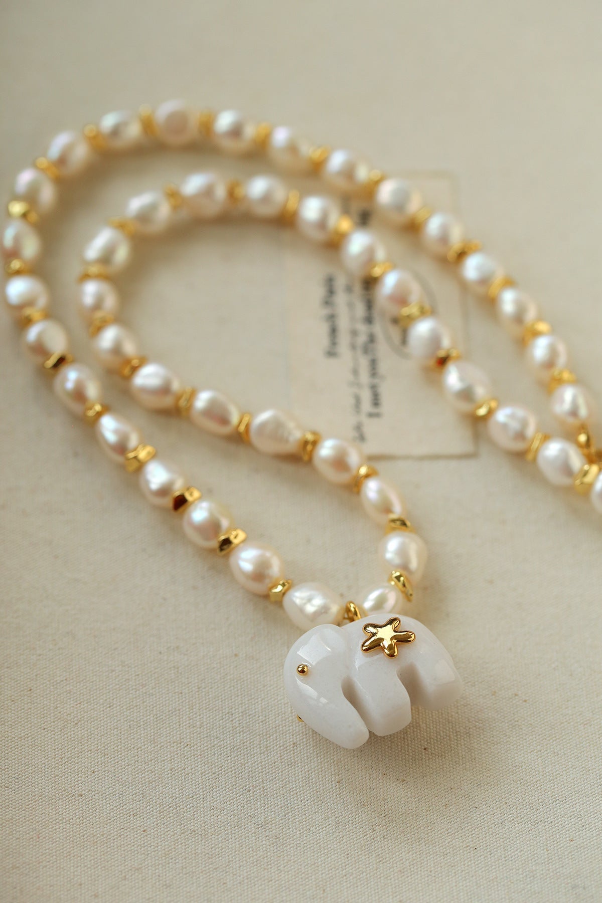Auspicious Elephant Collection White Jade Elephant Necklace with Pearl - floysun