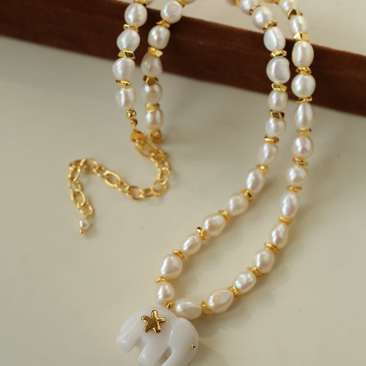 Auspicious Elephant Collection White Jade Elephant Necklace with Pearl - floysun
