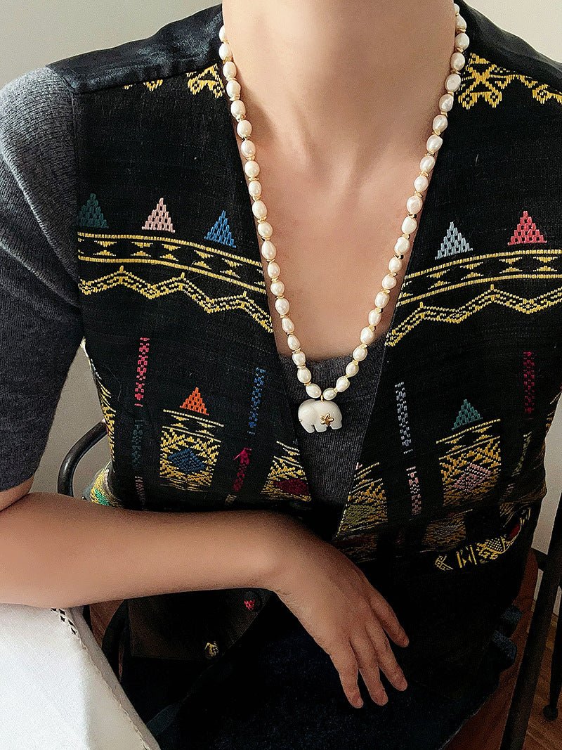 Auspicious Elephant Collection White Jade Elephant Necklace with Pearl - floysun