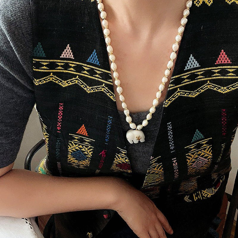Auspicious Elephant Collection White Jade Elephant Necklace with Pearl - floysun