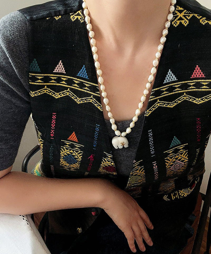 Auspicious Elephant Collection White Jade Elephant Necklace with Pearl - floysun