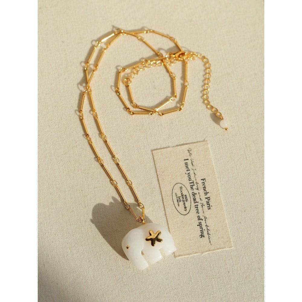 Auspicious Elephant Collection White Jade Elephant Pendant Chian Necklace - floysun