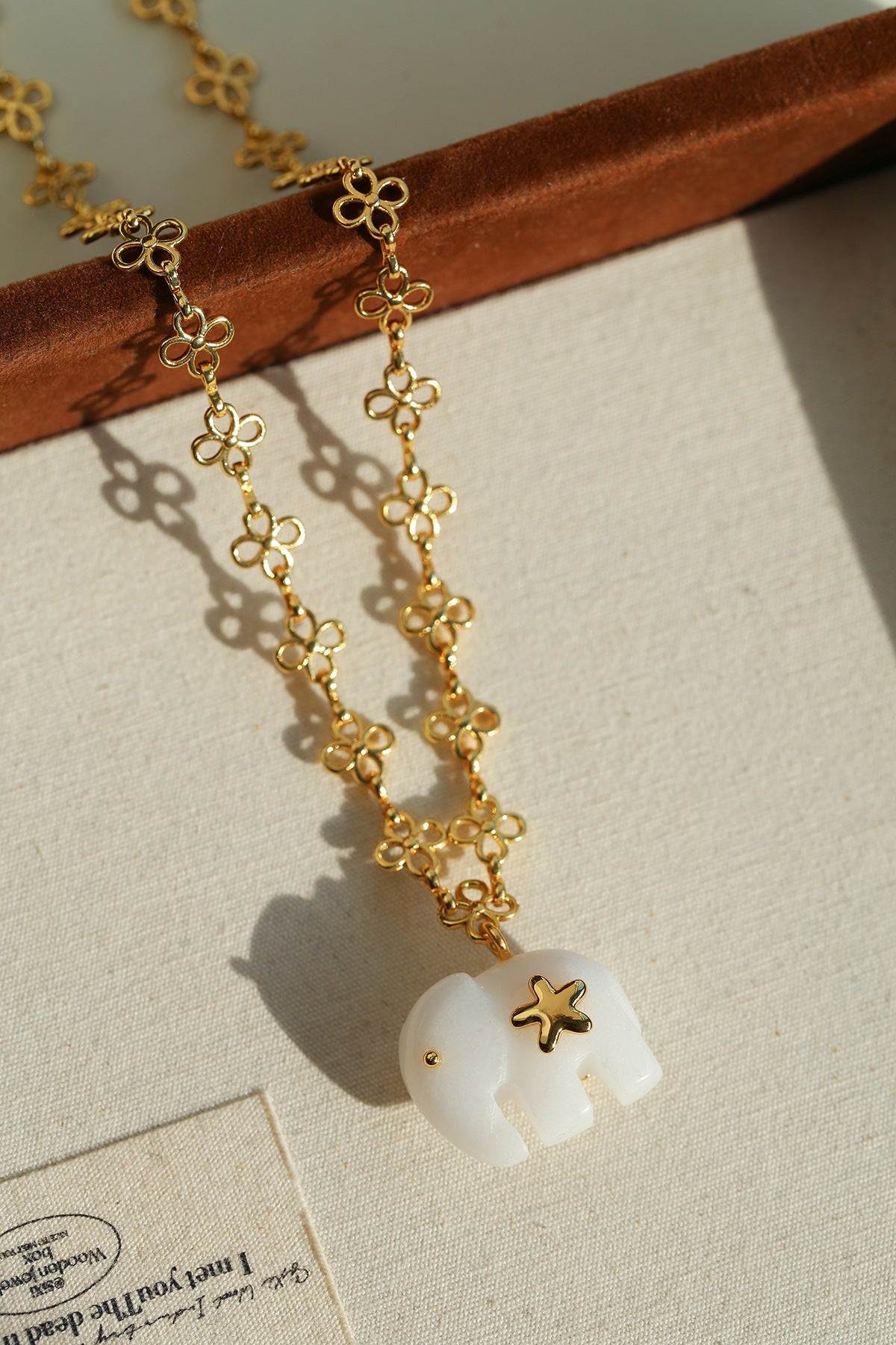 Auspicious Elephant Collection White Jade Elephant Pendant Chian Necklace - floysun