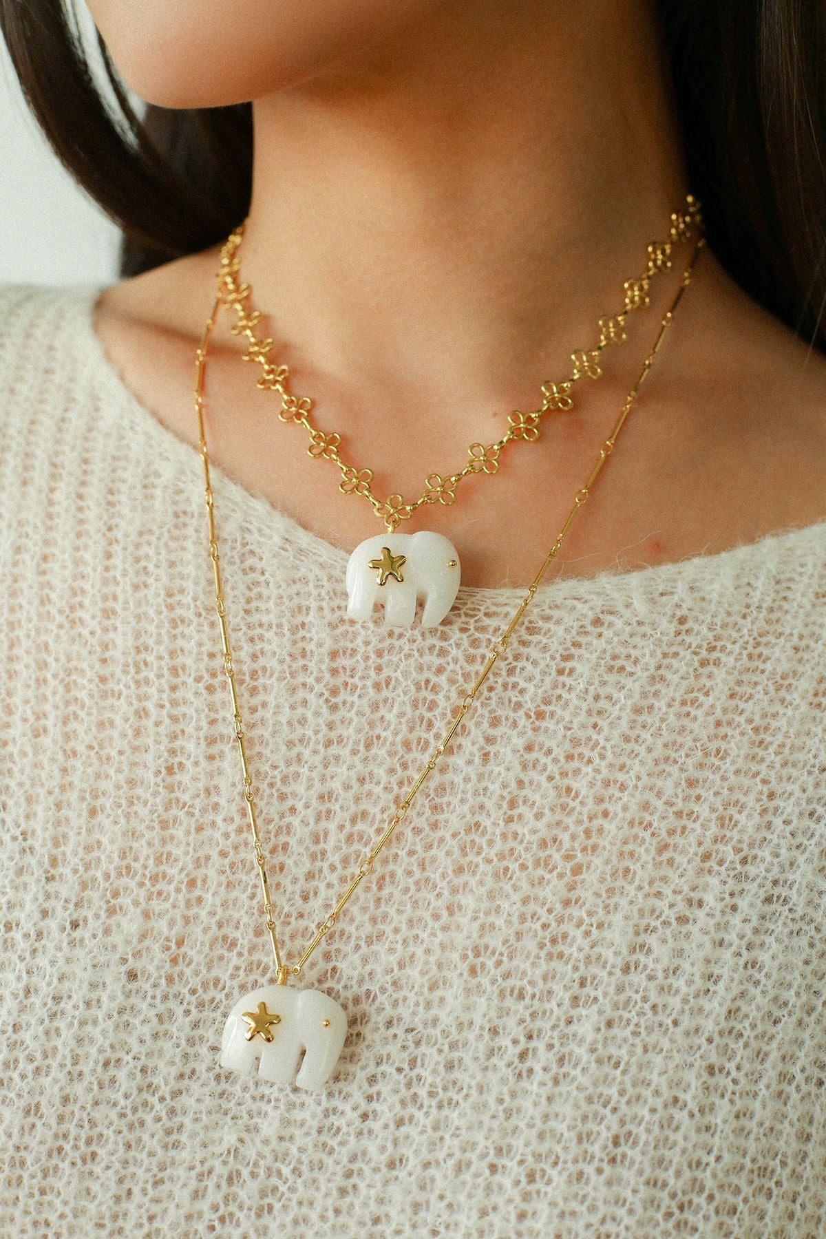 Auspicious Elephant Collection White Jade Elephant Pendant Chian Necklace - floysun