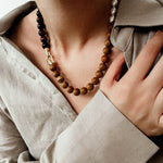 Autumn Whisper Natural Pearl & Red Tiger Eye & Wood Grain Stone Necklace - floysun