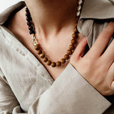 Autumn Whisper Natural Pearl & Red Tiger Eye & Wood Grain Stone Necklace - floysun