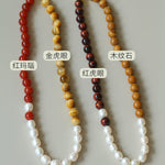 Autumn Whisper Natural Pearl & Red Tiger Eye & Wood Grain Stone Necklace - floysun