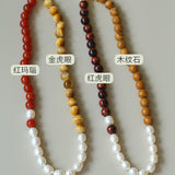 Autumn Whisper Natural Pearl & Red Tiger Eye & Wood Grain Stone Necklace - floysun