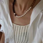 Autumn Whisper Natural Pearl & Red Tiger Eye & Wood Grain Stone Necklace - floysun