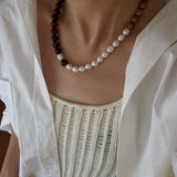 Autumn Whisper Natural Pearl & Red Tiger Eye & Wood Grain Stone Necklace - floysun